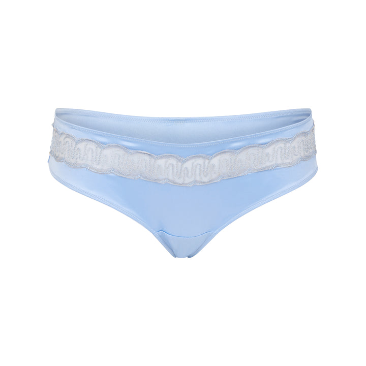 Huit Bliss Tanga in Ciel, satin finish with graphic lace detailing and picot elastic waistband