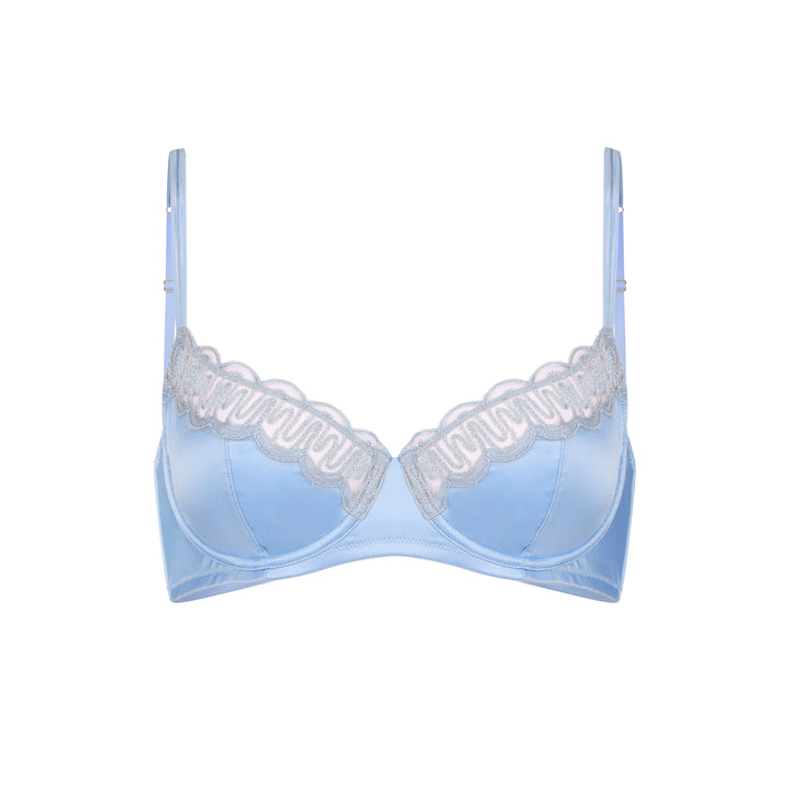 A light blue underwire bra with floral lace detailing on the cups.