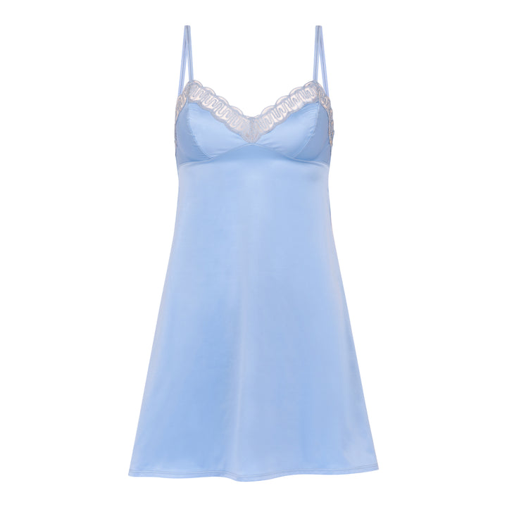 Huit Bliss Babydoll in ciel blue, delicate embroidery, sheer fabric, flowy hem