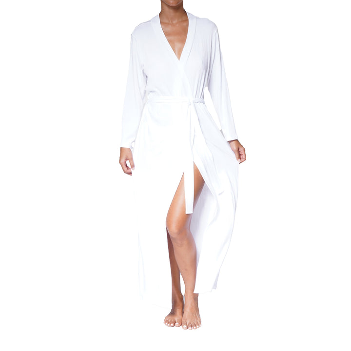Long Ribbed Modal Robe - White