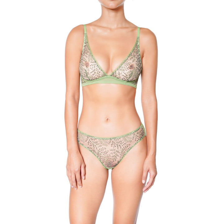 Embroidered lace bikini in green on model