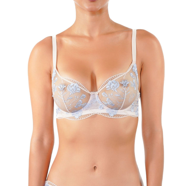 Embroidered lace underwire bra in floral blue on model