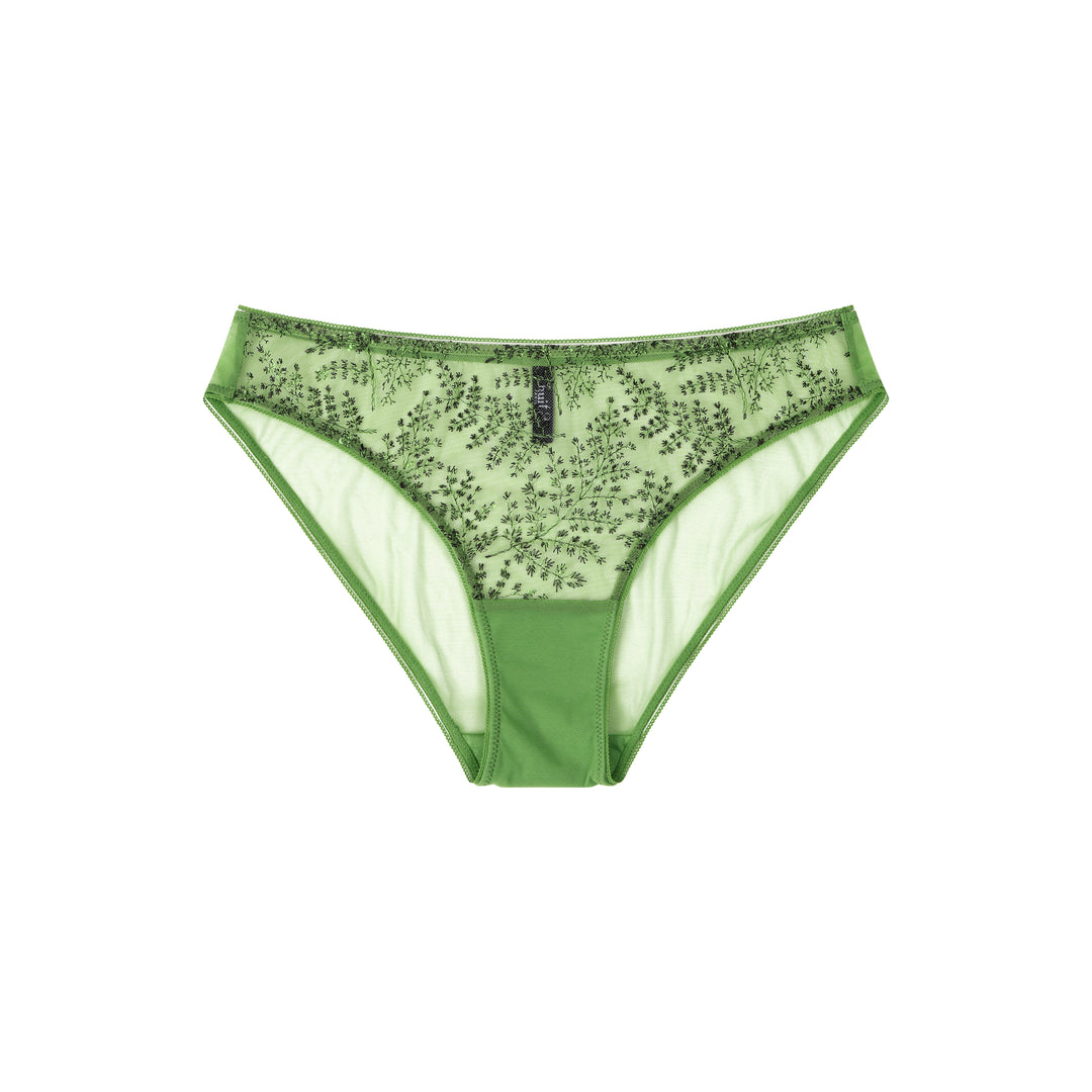 A green bikini with embroidered lace over sheer tulle