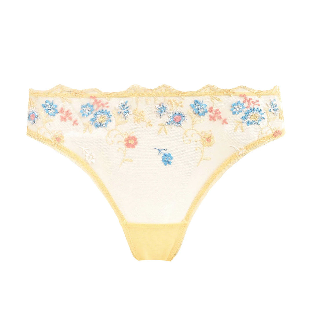 Floral lace thong with yellow trim on a white background